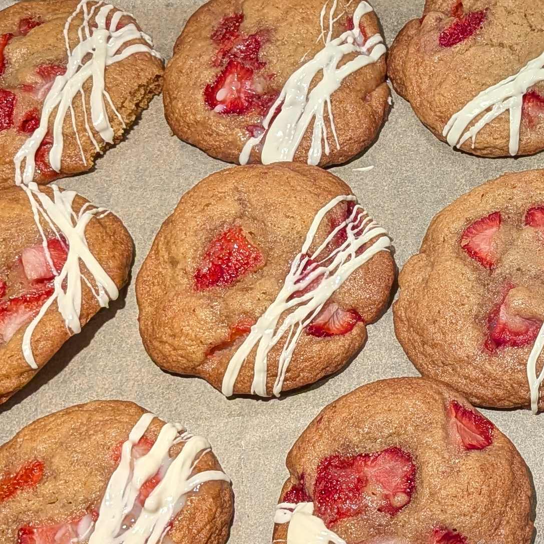 Picture of strawberry cupcakes on baking steet from above