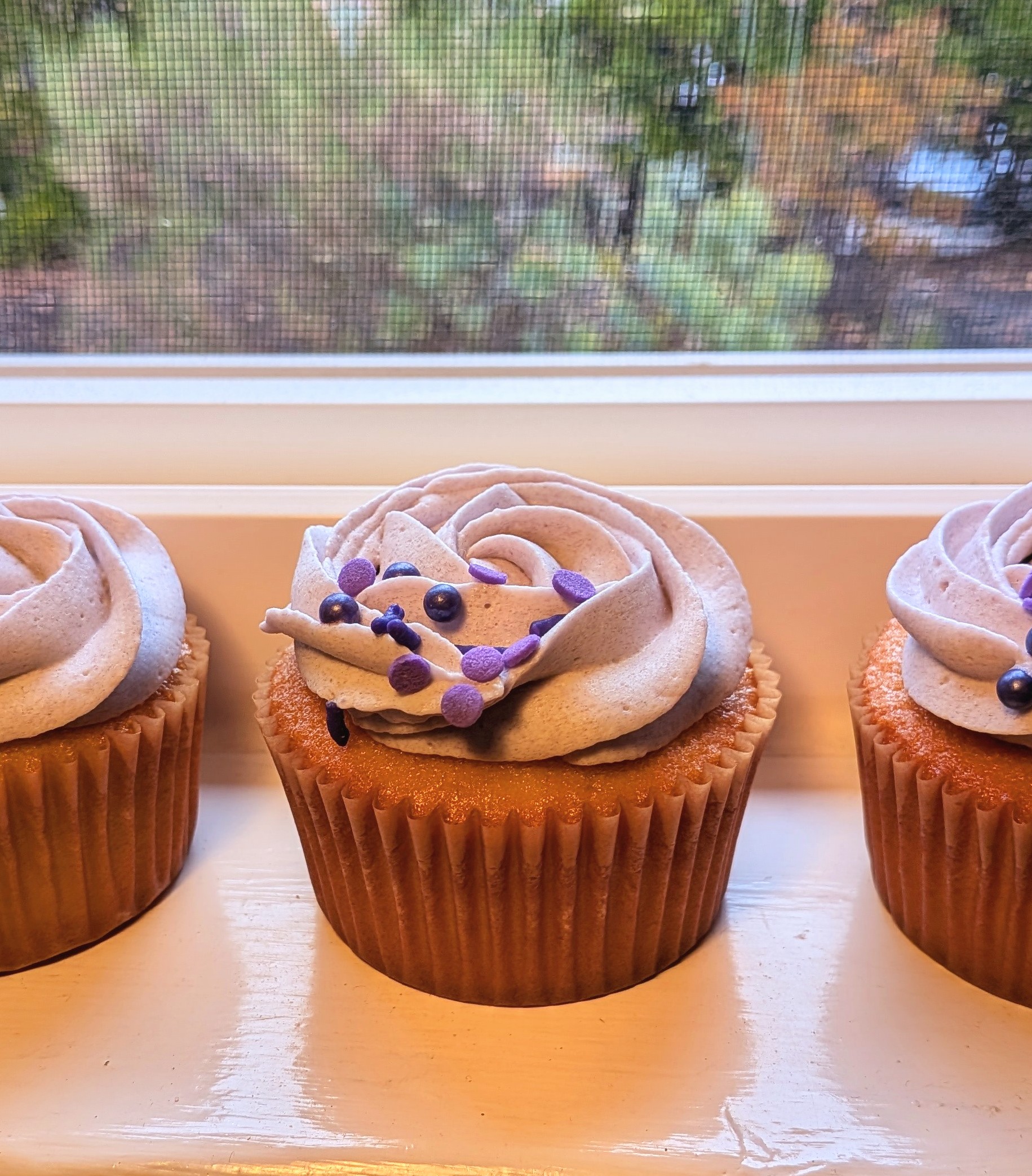 Picture of vanilla cupcake on windowsil from side